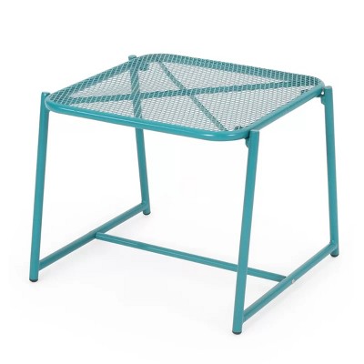 Syemin End Tables Outdoor Side Tables, Hollow out Sofa Table, Anti Rust Small Patio Table Metal Nightstand for Porch, Blue, 19.5"*18"*16.25"