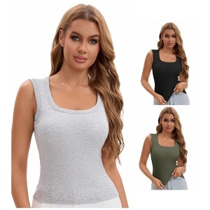 INSPIRE CHIC Women's 3 Packs U-Neck Tank with Built-In Bras Ribbed Wide Straps Undershirt - 1 of 4