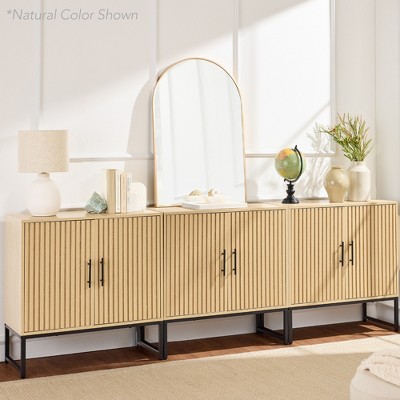 Dark Brown Slatted Freestanding Engineered Wood Cabinet with Metal Legs