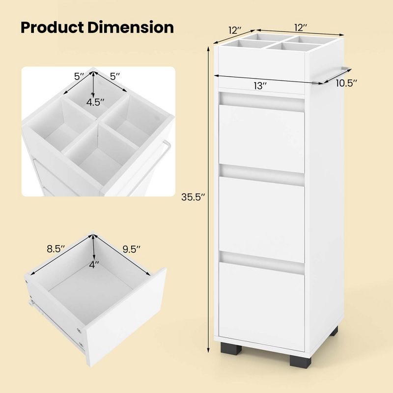 Costway Bathroom Floor Cabinet with 3 Drawers 4 Compartments 2-Side Available Towel Shelf White, 3 of 11