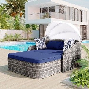 79.9" Outdoor Sunbed With Adjustable Canopy, Double Lounge, PE Rattan Daybed, Gray Wicker And Cushion - 1 of 4