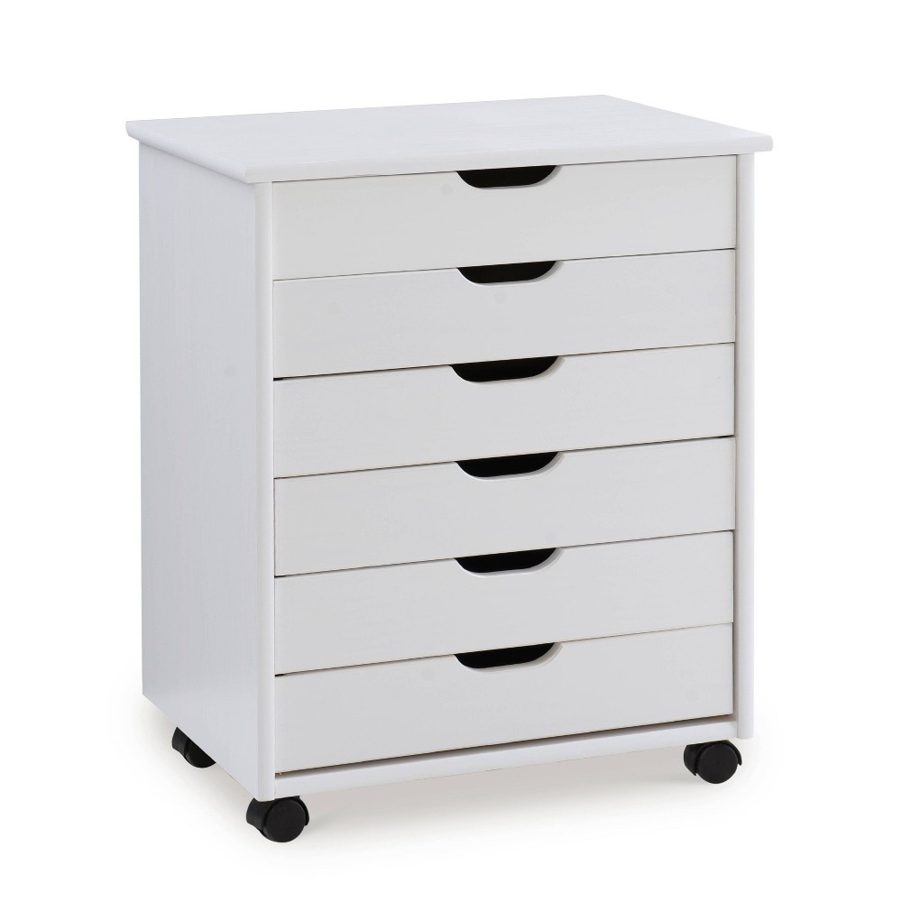 Photos - Other Furniture Linon Cary Transitional 6 Drawer Solid Wood Contoured Handle Cut Out Wide Roll Cart White - : Farmhouse Style, Portable Stora 