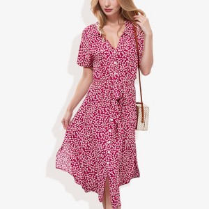 Anna-Kaci Women's Collar V-Neck Button Down Floral Print High Low Dolman Short Sleeve Midi Fashion Dress - 1 of 4