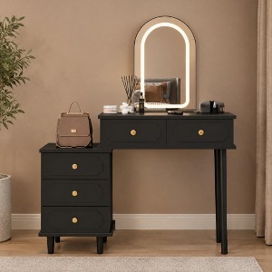 Mid-Century Vanity Table Set with Lighted LED Mirror, MDF Wood Makeup ...