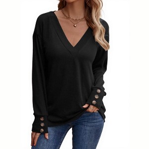 Clearlove Women Casual Long Sleeve V Neck Pullover Shirts Loose Fit Tops - 1 of 4
