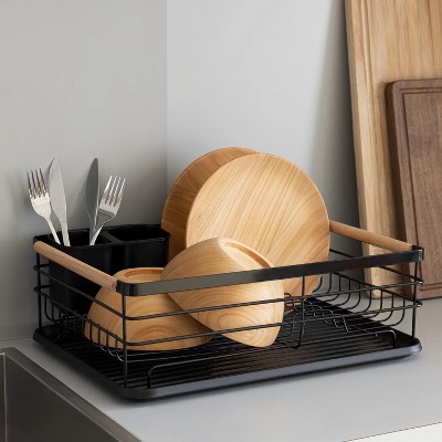 LunaLulinlk Dish Drainer Rack - Kitchen Drying Rack with Beechwood Handles, Modern Retro Design - Black