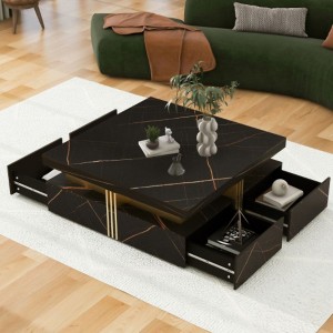 Coffee Tables With 4 Storage Drawers Modern Square Design Cocktail Table For Living Room Office Bedroom 16.5"D x 43.3"W x 43.3"H - 1 of 4