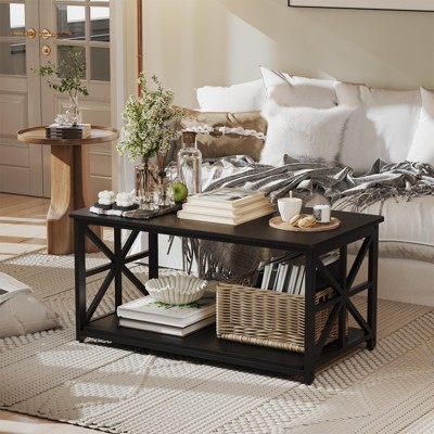 2 Tier Coffee Table for Living Room with Round Corner, Modern Farmhouse Center Table Easy to Assemble