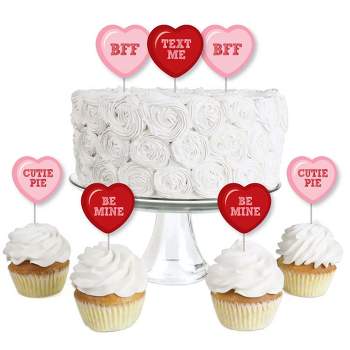 Big Dot of Happiness Conversation Hearts - Dessert Cupcake Toppers - Valentine's Day Party Clear Treat Picks - Set of 24