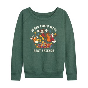 Women's - Disney - Mickey Goofy and Donald Gourd Times with Best Friends Lightweight French Terry Wide Neck Long Sleeve Shirt - 1 of 4