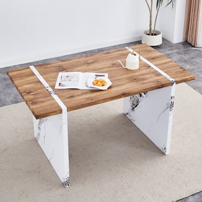 Natural Wood Grain MDF Dining Table,Table With Splicing Structure Design And Marble Patterned Table Legs,Wooden Dining Table-Coolbibila