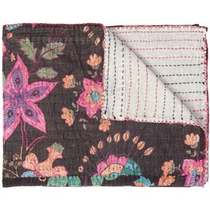 HomeRoots 50" X 70" Brown And Beige Floral Cotton Quilted Kantha Throw Blanket with Embroidery - 1 of 4