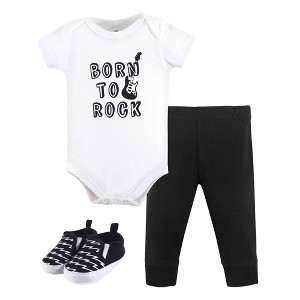 Little Treasure Baby Boy Cotton Bodysuit, Pant and Shoe 3pc Set, Born To Rock - 1 of 1