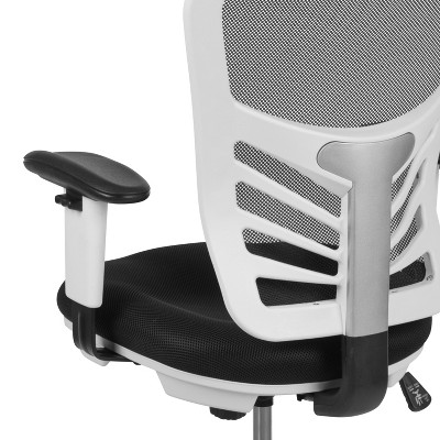 ErgoFlex Black Mesh Drafting Chair with Adjustable Arms and White Frame