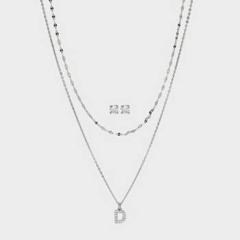 Silver Plated Cubic Zirconia Stud Earring and Initial Multi-Strand Chain Necklace Set 2pc - A New Day™ Silver