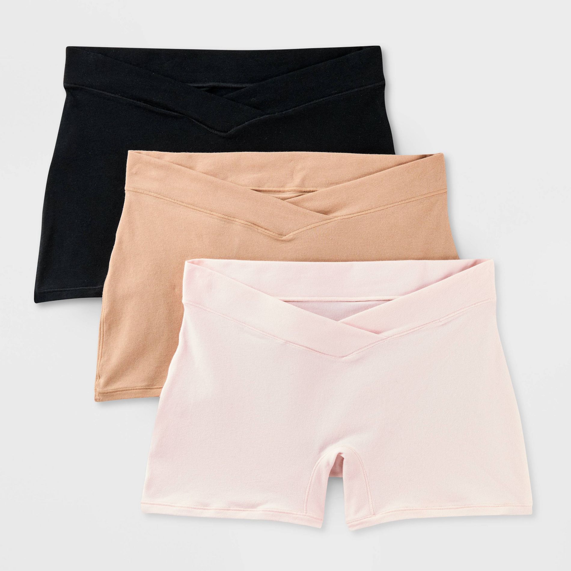 Maternity 3pk Cotton Blend Under the Belly Boy Shorts Underwear - Auden™ Black/Pearl Tan/Rose Pink L