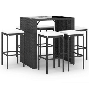 vidaXL Patio Bar Set 7 Piece - Black Poly Rattan Garden Furniture with Cushions - Rectangular Table with Tempered Glass Top - 1 of 4