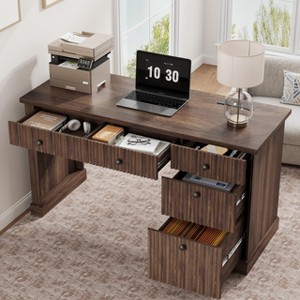Fluted Home Office Desk Storage, 54" Modern Executive Desk with Charging Station, Wooden Computer Writing Desk with File Drawers for Study Room - 1 of 4