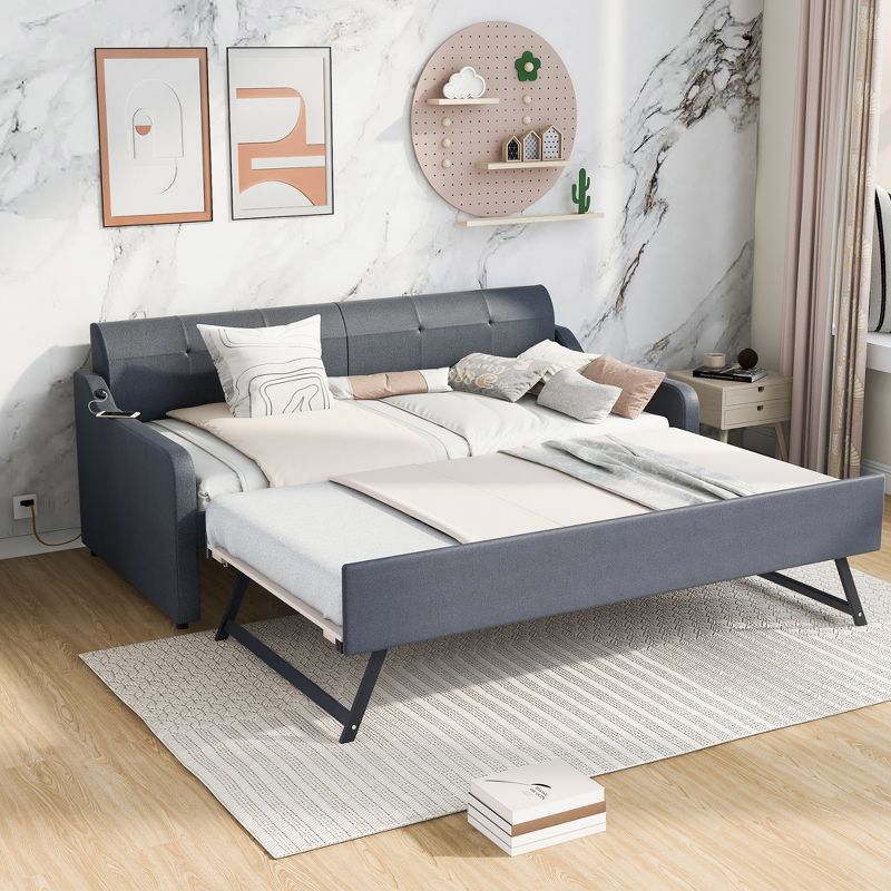 Twin Size Upholstery Daybed with Adjustable Trundle Bed and USB Port-ModernLuxe, 2 of 12