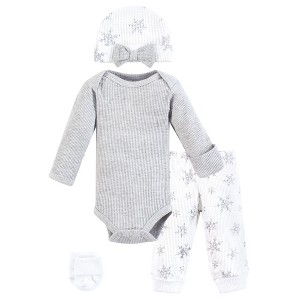 Hudson Baby Girls Thermal Preemie Layette Set 4pc Long Sleeve Outfit, Snowflake, Preemie - 1 of 4