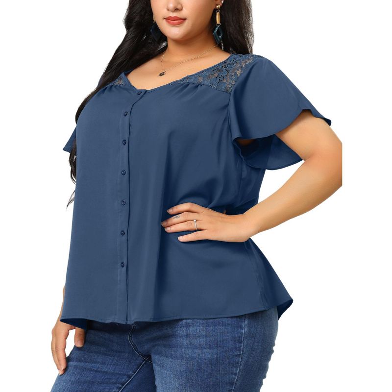 Agnes Orinda Women's Plus Size V Neck Full Placket Lace Panel Flare Short Sleeve Summer Button Down Shirts, 2 of 7