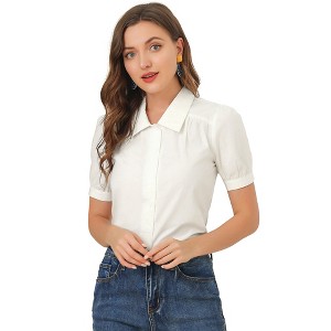 Allegra K Women's Elegant Spread Collar Puff Short Sleeve Button Front Shirt - 1 of 4