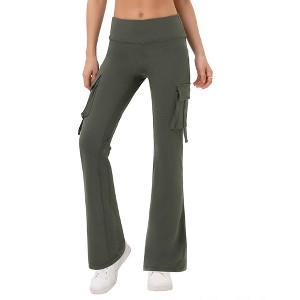 Womens High Waist Bootcut Pants with Thigh Pocket Bootcut Solid Stretchy Sport Pants Cargo Style Bootcut Athletic Pants - 1 of 4