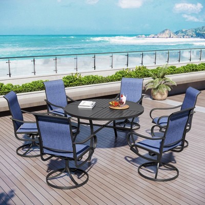 Captiva Designs 7pc Black Round Slatted Steel Table with Umbrella Hole & Textilene Swivel Chairs