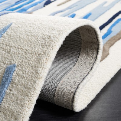 Ivory and Blue Hand-Tufted Wool 8' x 10' Abstract Area Rug