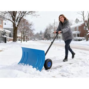 Snow Shovel Pusher for Driveway,Heavy Duty 2-Wheel Snow Shovel with Single Rod,29" Angled Blade Efficient Metal Snow Removal,Adjustable Height Handle - 1 of 4
