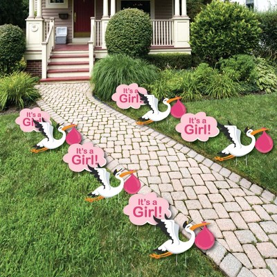 Big Dot of Happiness Girl Special Delivery - Baby Announcement Lawn Decor - Outdoor Pink It's a Girl Stork Baby Shower Yard Decorations - 10 Piece