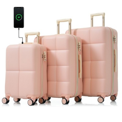 LOVMOR Luggage Set of 3, 20-inch with USB Port, Airline Certified Carry-on Luggage with Cup Holder, ABS Hard Shell Luggage with Spinner Wheels