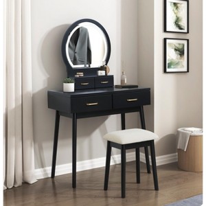Beautiful Black Finish Vanity Dresser with Mirror and Stool Set Storage Drawers Luxury Furniture 1pc LED Mirror - 1 of 1