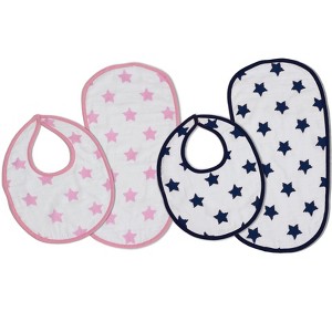 Bacati - Stars Pink/Aqua Ikat Muslin 4 pc set of Bibs & Burp Cloths Set - 1 of 4