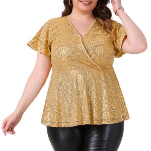 Agnes Orinda Women's Plus Size Sequin Metallic Faux Wrap V Neck Short Sleeve Glitter Party Peplum Blouses - 1 of 4