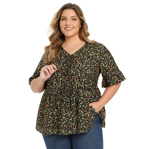 Women's Plus Size Ditsy Floral Tie Front V Neck Ruffle Sleeve Summer Casual Babydoll Blouses - GRACE & GRANDEUR - 1 of 4