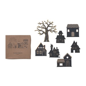Storied Home 7-Piece Printed Reclaimed Wood Standing Haunted Village with Glitter, Black and Gold - 1 of 1
