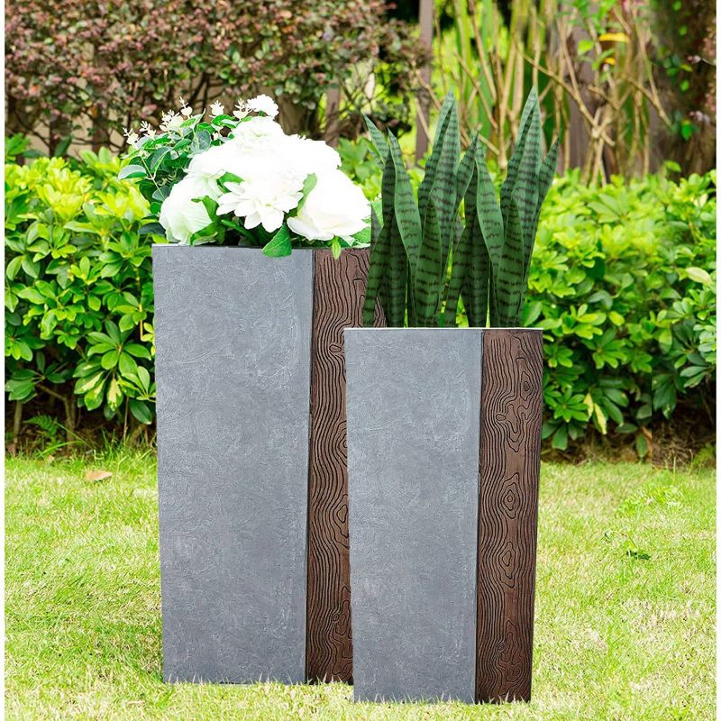 Set of 2 Kante Lightweight Tall Outdoor Square Concrete Planter Timber Ridge Gray - Rosemead Home &#38; Garden, Inc., 3 of 7