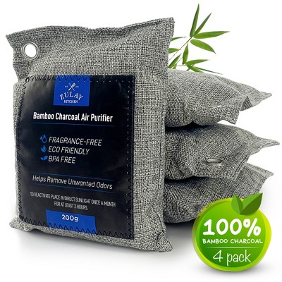 Zulay Kitchen 4 Pack 100% Bamboo Charcoal Air Purifying Bags - Activated Charcoal Odor Absorber - Odor Handler for Unpleasant Smells
