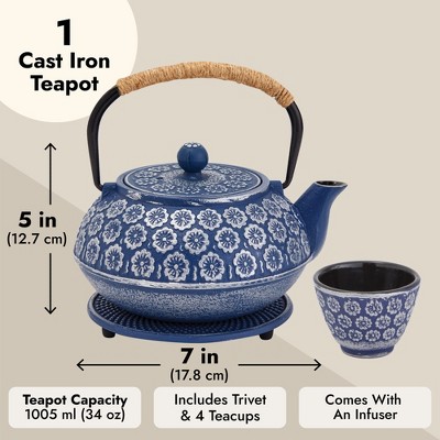 Blue Floral Cast Iron Japanese Teapot Set with Infuser and Cups