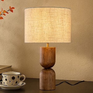 ALOADECOR 24'' Japandi Honey Brown Wood Base Bedside Table Lamp Modern Classic Nightstand Lamp with Beige Linen Fabric Shade for Bedroom - 1 of 4