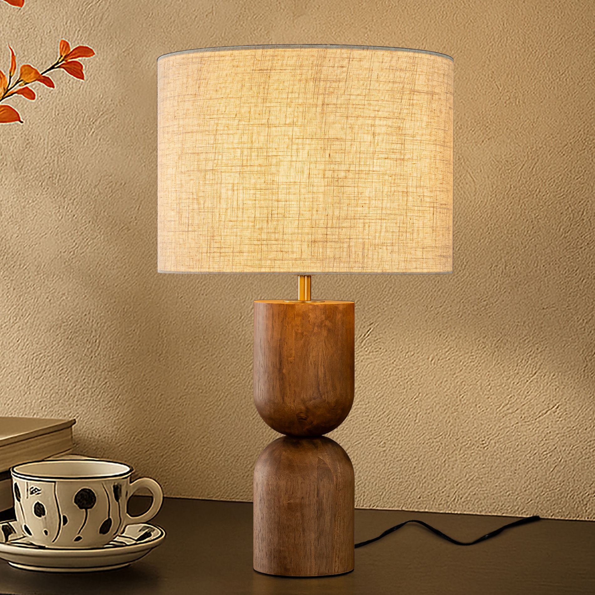 ALOADECOR 24'' Japandi Honey Brown Wood Base Bedside Table Lamp Modern Classic Nightstand Lamp with Beige Linen Fabric Shade for Bedroom