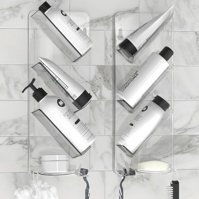 Two-piece set easy to clean durable rust-proof bathroom storage rack, no suction cups, no screws, wall-mounted adjustable shower cage, acrylic shelf
