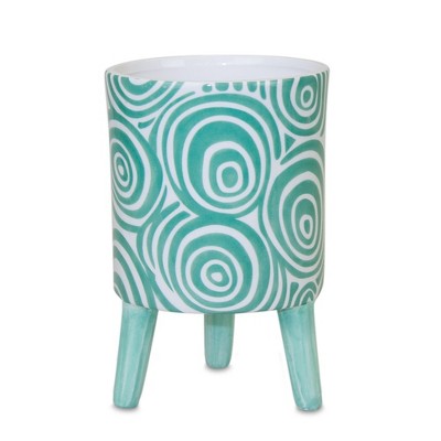 Teal & White Abstract Pattern Dolomite Mini Pot with Legs, Set of 6