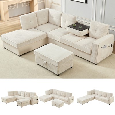 Mjkone 98''Corduroy Upholstered 4-Seater Sofa with Foldable Backrest Converts to Table,Cup Holder, Storage Ottoman,Beige