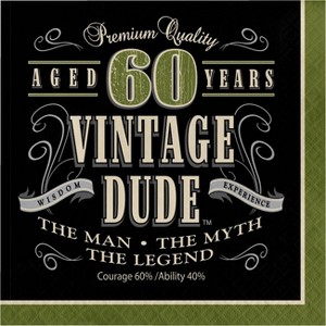 48ct Vintage Dude 60th Birthday Napkins Green: Creative Converting, Milestone Lunch Napkins, Typography Pattern, 6.5" Square - 1 of 3