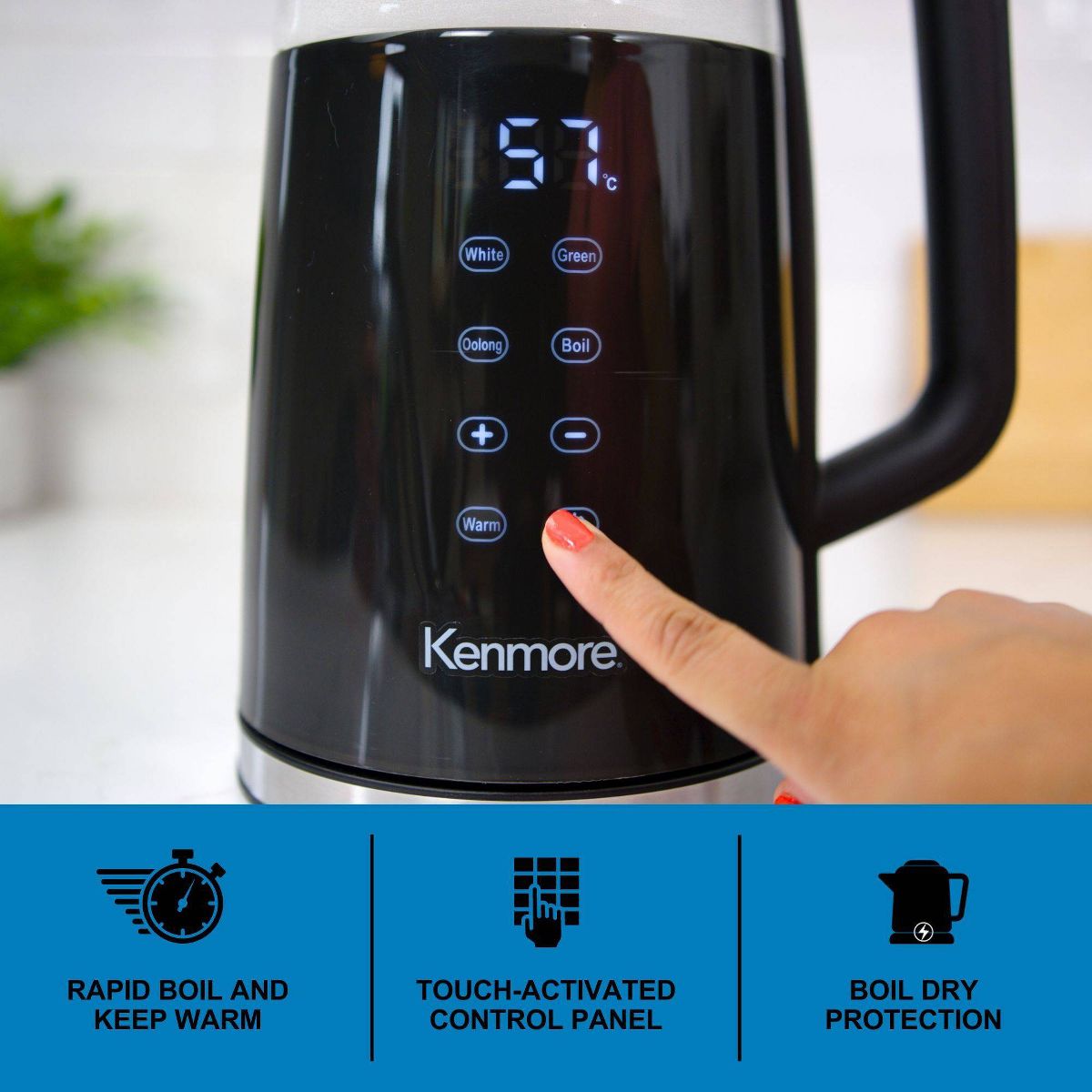 Kenmore Glass Electric Kettle 1.7L Digital Temperature Control Black: Cordless Water Kettle, Anti-Scale Filter - thumbnail 3