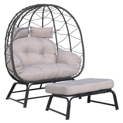 Indoor Outdoor Double Egg Chair with Ottoman Padded Cushions,Wicker Lounge Chair Deep Seating Chair with Footrests,Loveseat for Patio Porch Backyard