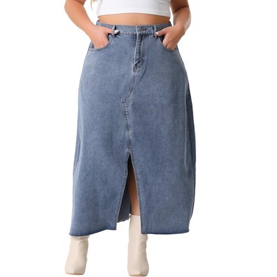 Agnes Orinda Women's Plus Size Casual High Waisted Front Slit Stretch Maxi Denim Skirts
