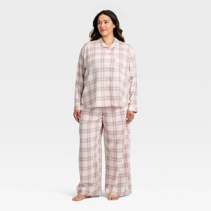 Women's Flannel Long Sleeve Button Down Shirt and Pants Pajama Set - Auden™ - 1 of 3